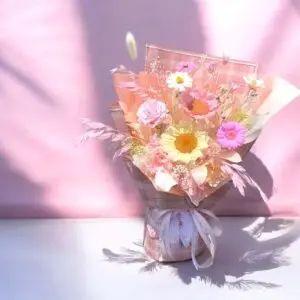 Flower & Forest Pink Whispers 粉色系向日葵畢業永生花束|雙色保鮮向日葵與粉玫瑰
